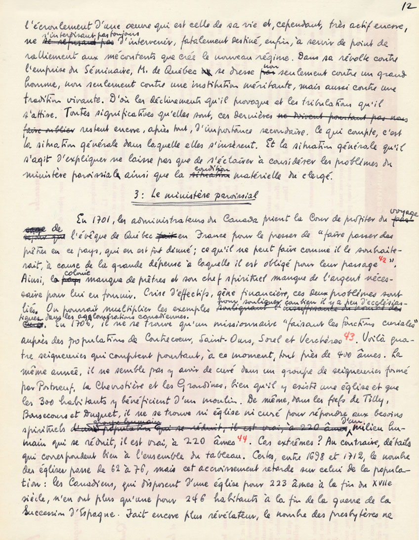 tat manuscrit de l'ouvrage [i]Le XVIIIe sicle canadien[/i], par Guy Frgault, qui valut  son auteur deux prix, avant 1968, page 12. Universit d'Ottawa, CRCCF, [b]Fonds Guy-Frgault [/b](P168), P168/50/43p12. 